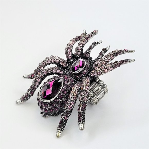 Spider Tarantula Pink Crystals Stretch Band Large Spider Charm Ring - Picture 4 of 12